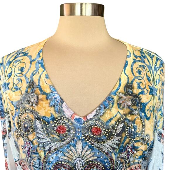 Reba Bling Rhinestone Embellished T-shirt Size LARGE Casual Western Boho Cowgirl - Picture 2 of 9